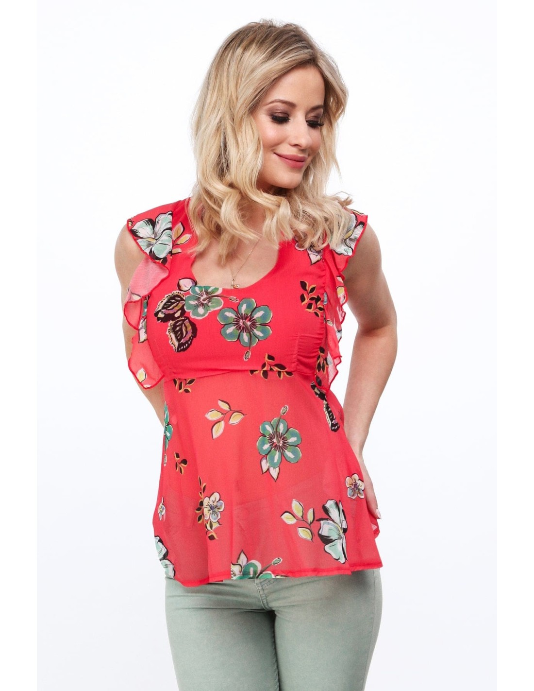 Coral floral blouse for everyday use MP28633 - Online store - Boutique